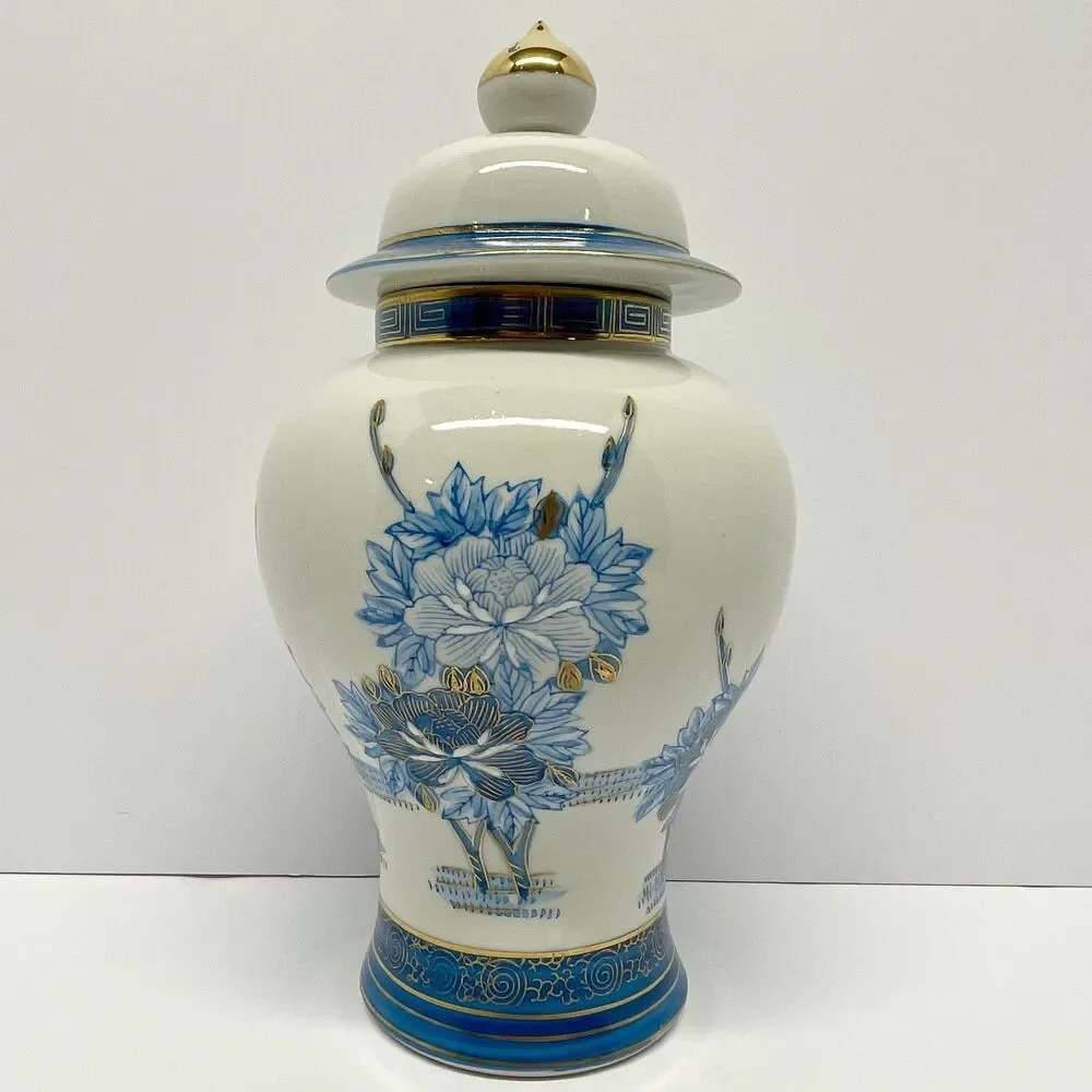 Vintage Heygill Imports Japan Peacock Ginger Jar Blue, wht & Gold Lidded-EXCL